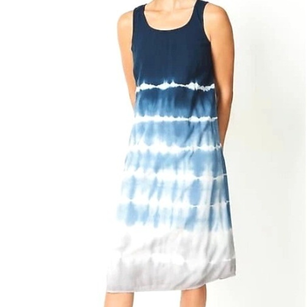 J. JILL Women's Large Blue Gray Tie Dye Ombre Sleeveless Gauze Shift‎ Midi Dress